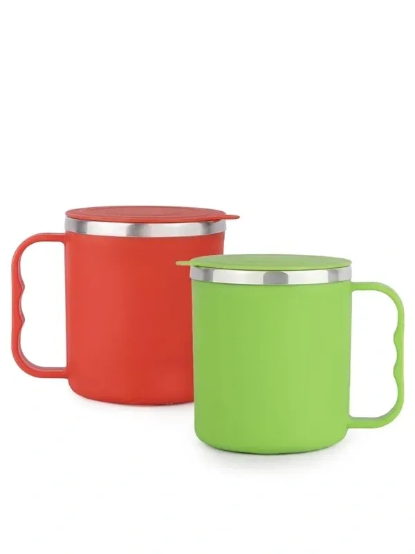 Stainless Steel, Plastic Coffee Mug with Lid, Pack of Two Long Life Durable, Water tite Cup of Tea and Coffee