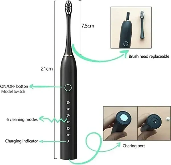 Sonic Electric Toothbrush for Adults,Rechargeable Electric Toothbrushe with 3 Brush Heads, 6 Modes, 2 Minutes Smart Timer,4 Hours Fast Charge for 45 Days (Toothbrush + 3 Brush Heads, BLACK)