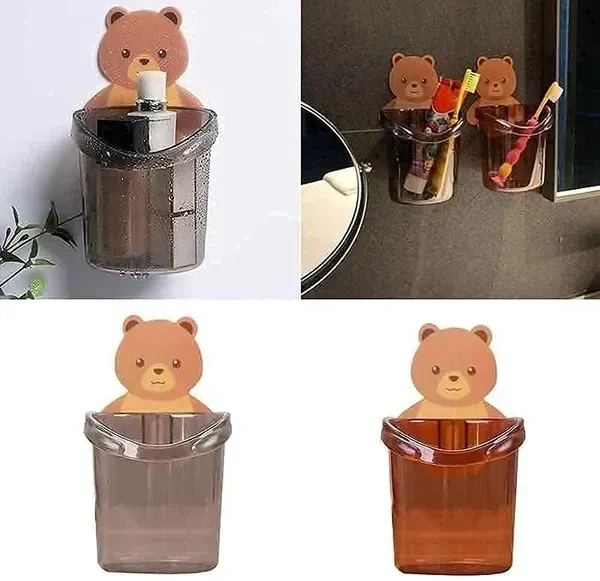 1 PC Self Adhesive Wall Mounted Teddy Bear Tooth Brush Holder Multipurpose Teddy Bear Toothbrush Holder Cup with Strong Adhesive Sticker, Stand for Toothpaste, Comb, Brush, Cream