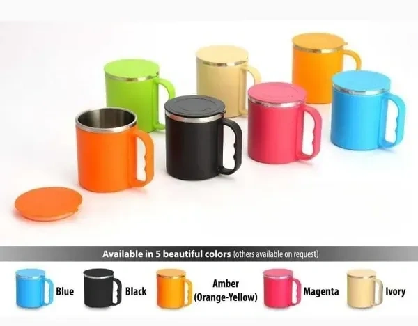 Stainless Steel, Plastic Coffee Mug with Lid, Pack of Two Long Life Durable, Water tite Cup of Tea and Coffee
