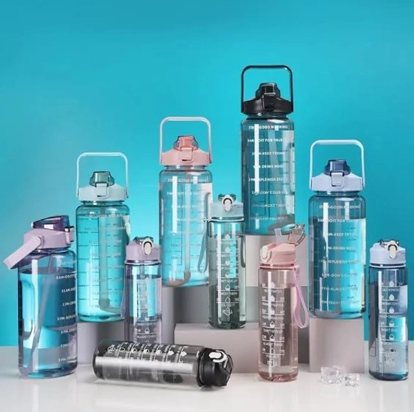 TORCHIT Set of 3 Transparent Water Bottle 2000ML, 900ML, 300ML with Motivational Time Marker, Leakproof Durable Sipper Water bottle for office, School, gym (PURPAL)
