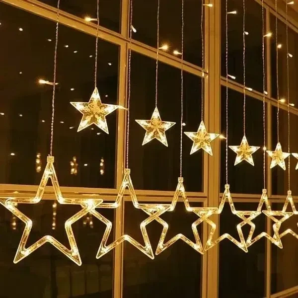 The Purple Tree Decorative Star Curtain LED Lights for Diwali (2.5 mtr, 138 LED, 6+6 Star), Curtain String Lights with 8 Flashing Modes, Decoration for Christmas, Wedding, Party, Warm White