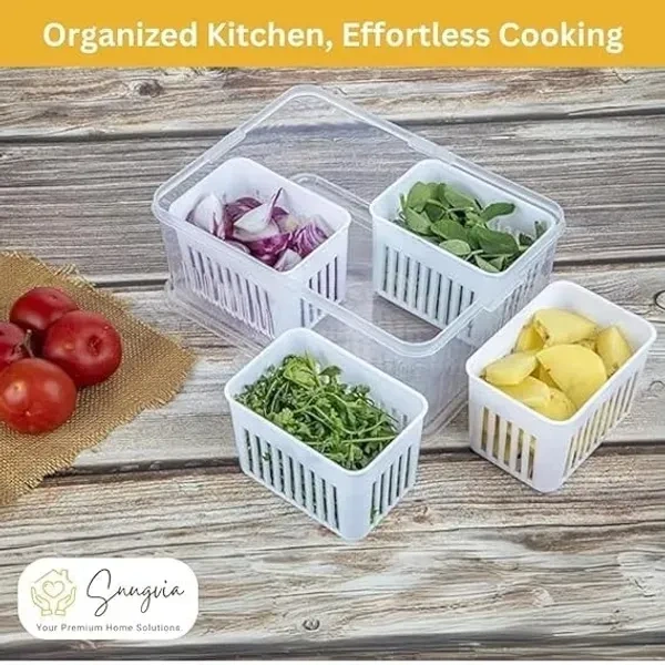 Snugvia 4-in-1 Fridge Storage Box with Airtight Lids, Divided Food Prep Containers for Veggies, Snacks, and Fruits – Durable, Transparent Organizer for Kitchen Storage with Draining System