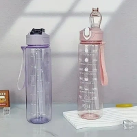 Motivational Water Bottle with Time Markings, 1000ml, Clear Plastic with Flip-Top Lid, Hourly Hydration Tracker