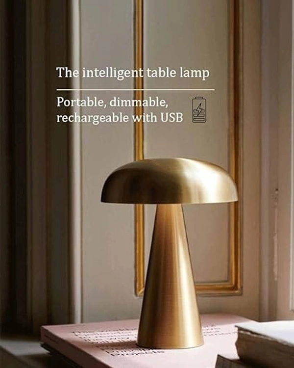 Prokitchen Mushroom Shape Portable LED Table Lamp 3-Colour Changing USB Rechargeable Metal Night Light Lamp | for Bedroom, Bedside, Living Room, Home Decoration, Restaurant Bar - Metal (Gold)