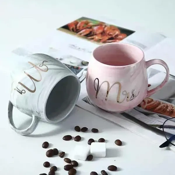 Purehydro Ceramic Coffee Mug -Mr N Mrs Round Mugs for Couples, Printed Coffee and Tea Ceramic Mug Perfect Wedding Gift Mug Set (Pack of 2), 300 ML