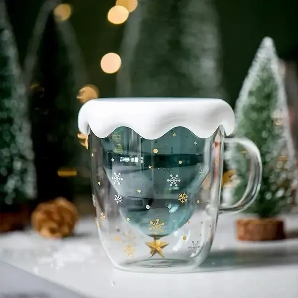Rain House Fun Christmas Coffee Mugs Holiday Cups, 10oz Double Wall Glass Tableware with Lid and Handle, Tree Snowflake Glassware for Tea, Milk, Beverage, Juice, Water, 300ML (With Lid)
