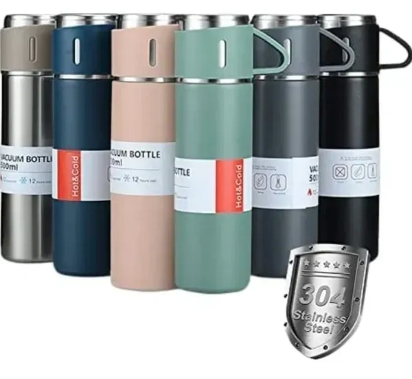 Stainless Steel Vacuum Flask Set with 2 Cups Flask Combo Keeps Liquid Tea Coffee Cold Hot Bottle Drink Water Flask Bottle 500ml Vacuum Insulated Bottle (Multicolor)(Pack of 1)