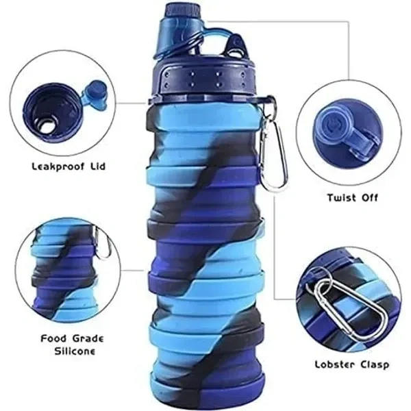 ELLEBII® Silicone Folding bottle Expandable and Foldable Light Weight Water Bottle; Silicon Portable Leak Proof Collapsible water bottle 500ml (Multicolor, Pack of 1)