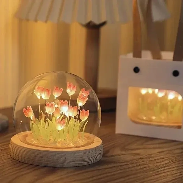 Hudux DIY Tulip Night Light LED Decorations Lamp, Glass Artificial Tulips Flower, Bedroom Table Lamp, 9 Flowers, Children Girl Couple Friends Gift, Atmosphere Decoration Desk Ornament