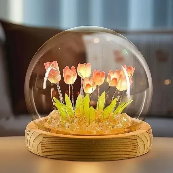 Hudux DIY Tulip Night Light LED Decorations Lamp, Glass Artificial Tulips Flower, Bedroom Table Lamp, 9 Flowers, Children Girl Couple Friends Gift, Atmosphere Decoration Desk Ornament