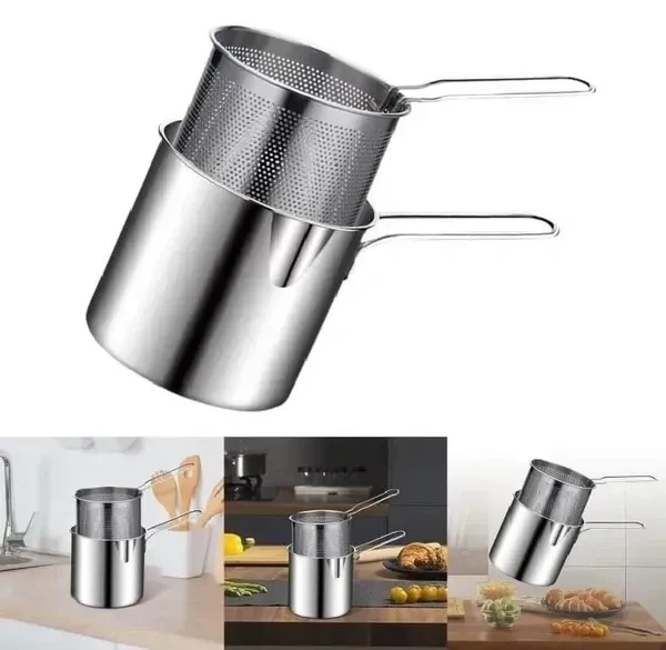 DAYANIDHI Small Deep Frying Pot with Strainer Basket | 1200ml Stainless Steel Pan with Handle | Ideal for Frying French Fries/Chicken Wings/Shrimp/Fish/Boiling Butter/Sauce/Gravies/Pasta(1Piece)