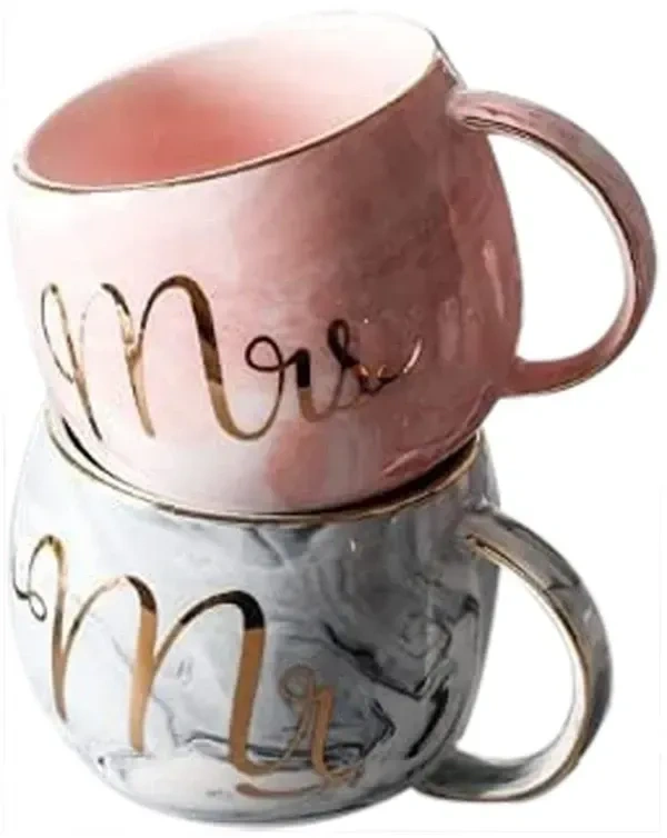 Purehydro Ceramic Coffee Mug -Mr N Mrs Round Mugs for Couples, Printed Coffee and Tea Ceramic Mug Perfect Wedding Gift Mug Set (Pack of 2), 300 ML