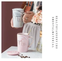 CPENSUS Ceramic Marble Finish Coffee Mug With Lid & Spoon For Anniversary Wedding Engagement Valentine Gifts For Couple 380 ML
