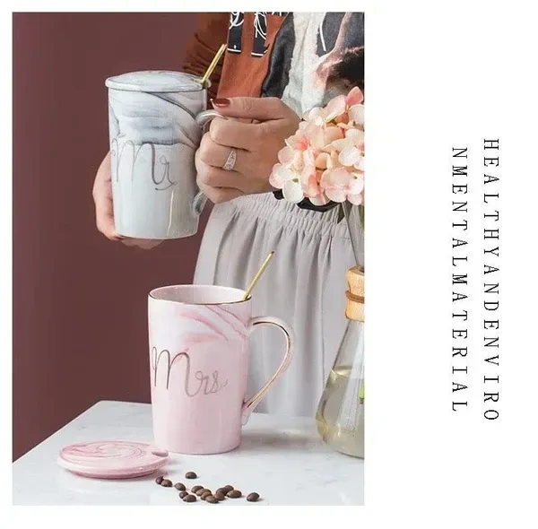 CPENSUS Ceramic Marble Finish Coffee Mug With Lid & Spoon For Anniversary Wedding Engagement Valentine Gifts For Couple 380 ML