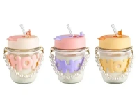 kelvee Reusable Glass Coffee Mugs With Lid & Straw Pack Of 1,Drinking Glasses Tumbler With Pearl Chain Belt & Sleeve Double Drink Straw Sipper For Juice Smoothies Cocktail Home (Pink) - 400 Ml