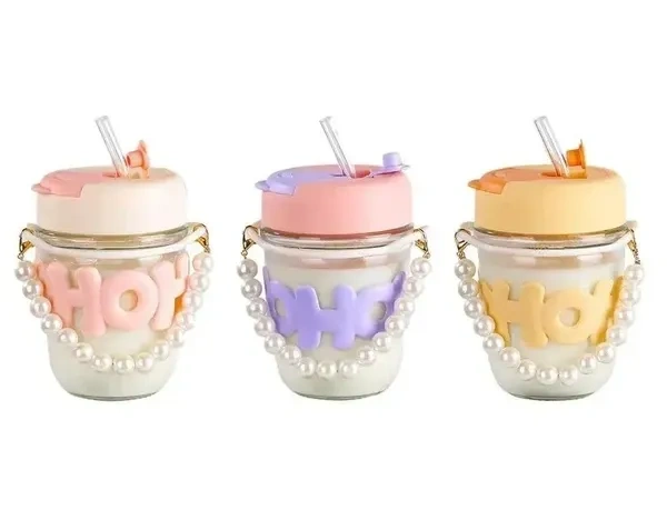 kelvee Reusable Glass Coffee Mugs With Lid & Straw Pack Of 1,Drinking Glasses Tumbler With Pearl Chain Belt & Sleeve Double Drink Straw Sipper For Juice Smoothies Cocktail Home (Pink) - 400 Ml
