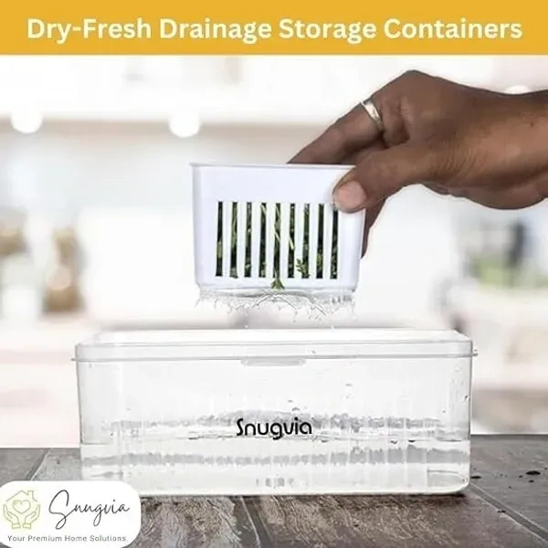 Snugvia 4-in-1 Fridge Storage Box with Airtight Lids, Divided Food Prep Containers for Veggies, Snacks, and Fruits – Durable, Transparent Organizer for Kitchen Storage with Draining System