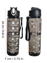 Motivational Water Bottle with Time Markings, 1000ml, Clear Plastic with Flip-Top Lid, Hourly Hydration Tracker