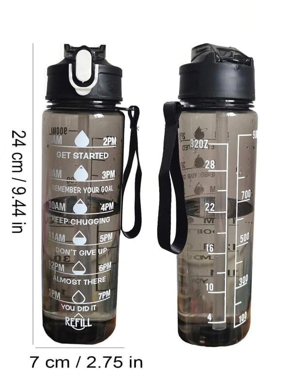 Motivational Water Bottle with Time Markings, 1000ml, Clear Plastic with Flip-Top Lid, Hourly Hydration Tracker