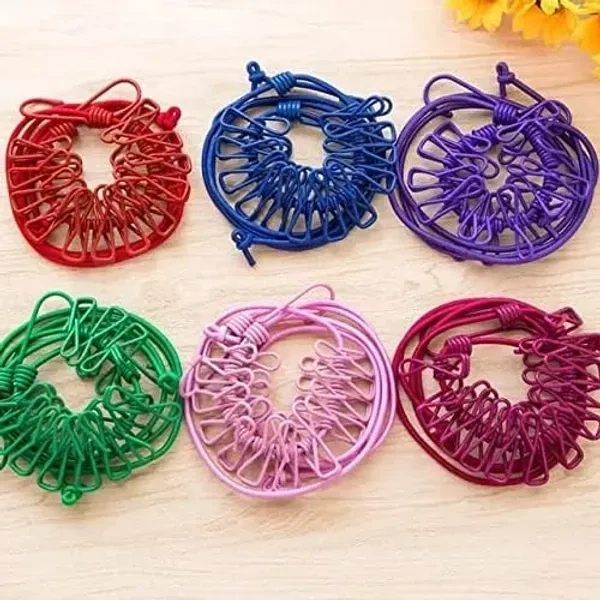 Portable Multi Functional Drying Rope with 12 Clips and 2 Hooks Durable Portable Outdoor Travel Clothesline Rope Clothes Hanging Hook (Multicolor)