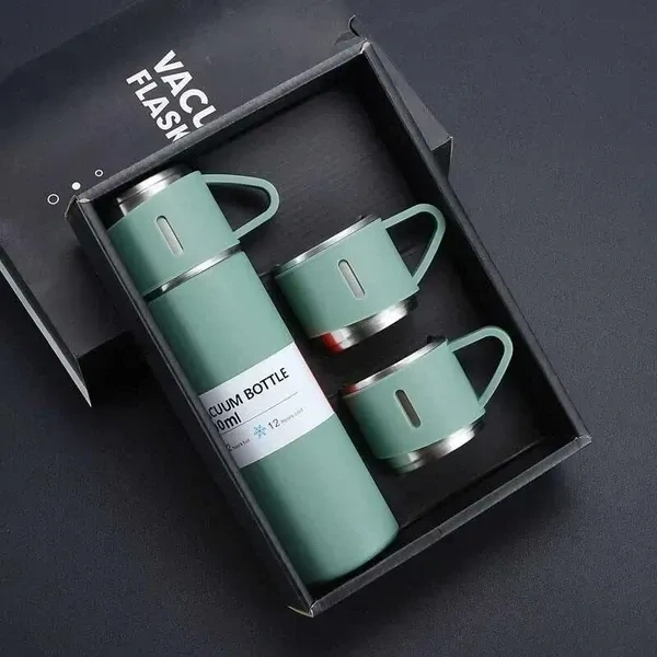 Kraftobotic Double Wall Stainless Steel Thermo 500ml Vacuum Insulated Bottle Water Flask Gift Set with Two Cups Hot & Cold (Multicolor)