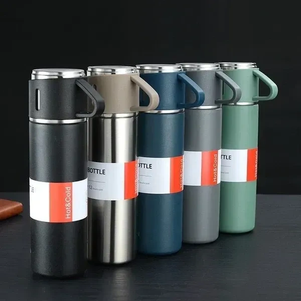Stainless Steel Vacuum Flask Set with 2 Cups Flask Combo Keeps Liquid Tea Coffee Cold Hot Bottle Drink Water Flask Bottle 500ml Vacuum Insulated Bottle (Multicolor)(Pack of 1)