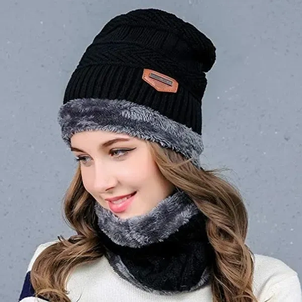 Zonkar Unisex Woolen Winter Beanie Cap with Neck Set Scarf for Man Women Girl