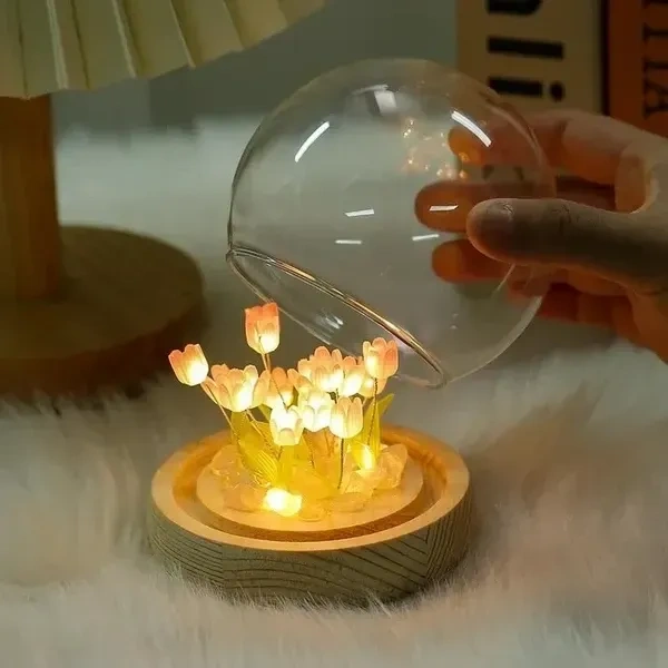 Hudux DIY Tulip Night Light LED Decorations Lamp, Glass Artificial Tulips Flower, Bedroom Table Lamp, 9 Flowers, Children Girl Couple Friends Gift, Atmosphere Decoration Desk Ornament