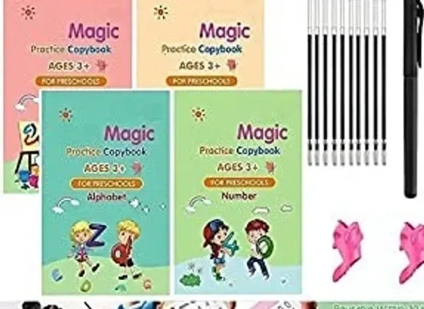 SHOPPOSTREET Sank Magic Practice Copybook, (4 BOOK + 10 REFILL+ 2 Pen +2 Grip) Number Tracing Book for Preschoolers with Pen, Magic Calligraphy Copybook Set Practical Reusable Writing Tool Simple Hand Lettering