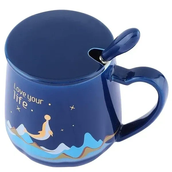 NYRWANA Love Your Life Coffee Mug, Birthday Gift, Cups and Mugs, Mugs for Gift, Ceramic Mug, Coffee Mug with Lid, Coffee Mug Ceramic, Cute Mugs, Ceramic Coffee Mug with Lid & Spoon (420ml - Green)
