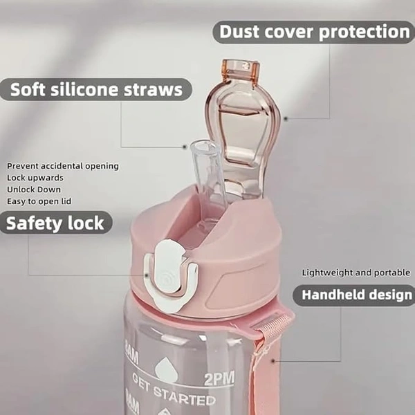 Motivational Water Bottle with Time Markings, 1000ml, Clear Plastic with Flip-Top Lid, Hourly Hydration Tracker