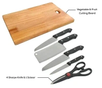 Concepta Wooden Chopping Board with Knife Set and Scissor, 6 Piece Stainless Steel Kitchen Knife Knives Set with Knife Scissor, Knife Sets (Wooden Brown Color)