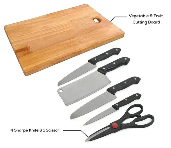Concepta Wooden Chopping Board with Knife Set and Scissor, 6 Piece Stainless Steel Kitchen Knife Knives Set with Knife Scissor, Knife Sets (Wooden Brown Color)