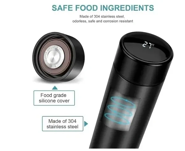 Giveglitz Stainless Steel Water Bottle With Led Temperature Display, Double Wall Vacuum Insulated Water Bottle (Pure Black), 500 ML