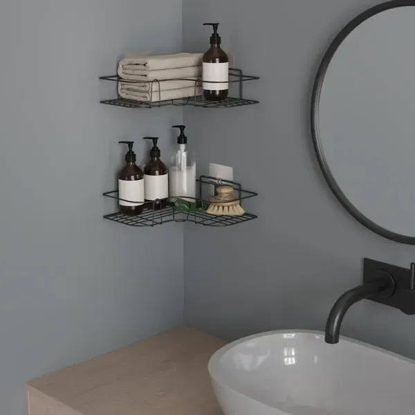 RIOMAX Wall Mounted Self-Adhesive Bathroom Corner Shelf/Kitchen Rack & Holder - Bathroom Accessories (Material-GI Metal, Powder Coated Finish, Black, L Shape Pack of 1)