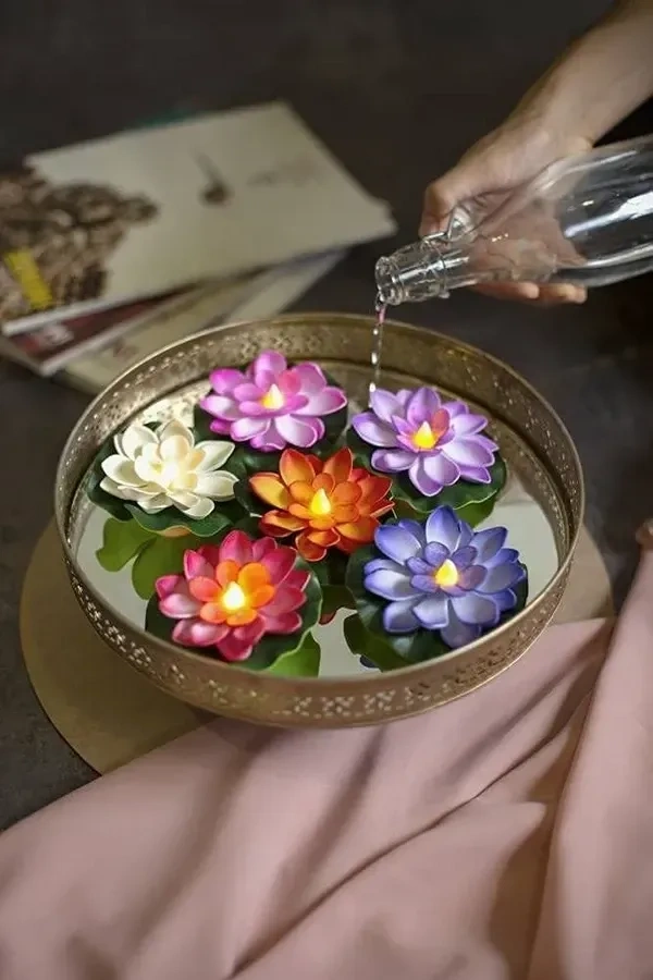 SATYAM KRAFT 4 Pcs Sensor Water Floating Diyas Smokeless Flameless Candles Lotus Flowers Led Tea Light Candle for Pool,Pond,Glass Water Bowl,Christmas,Wedding,valentineHome Decor Items(Multi)
