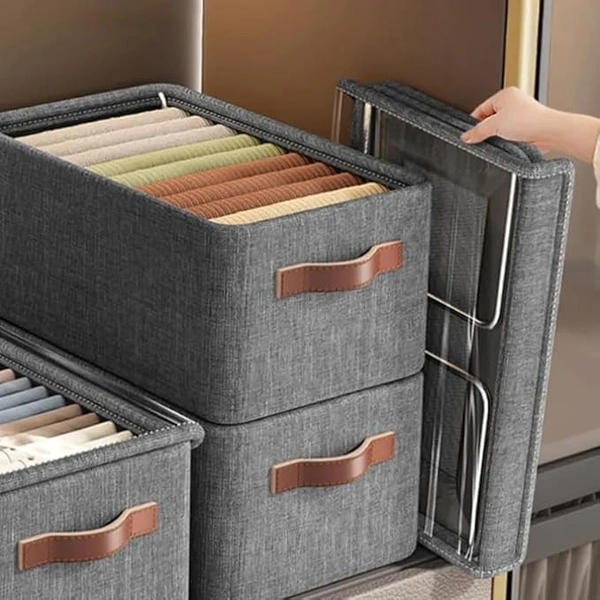 ROMINO 26L arge Capacity Wardrobe Foldable Stackable Container Organizer Metal Frame Basket Set with Zipper and Lid, Large Clear Window & Carry Handles for Bedding, Clothes
