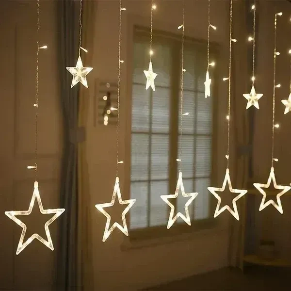 The Purple Tree Decorative Star Curtain LED Lights for Diwali (2.5 mtr, 138 LED, 6+6 Star), Curtain String Lights with 8 Flashing Modes, Decoration for Christmas, Wedding, Party, Warm White