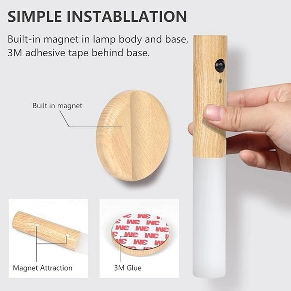 Wooden Wall Light, Indoor Night Light with Motion Sensor, Magnetic Rechargeable Wireless Battery Wall Lights for Bedroom, Hallway, Stairway, Children Room and More