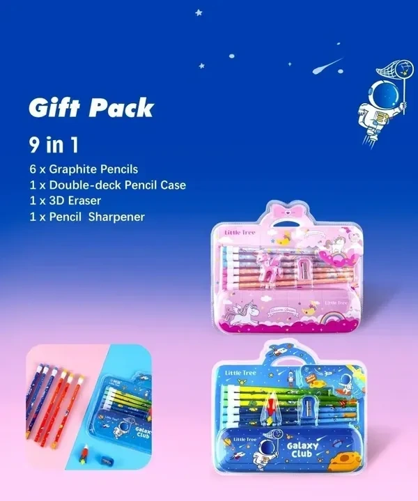 TEMSON Stationary Set for Kids, Cartoon Theme Stationary Kit for Boys, Pencil Set for Kids, Eraser Set for Kids, - Stationary Kit Set for Boys/Birthday Gifts for Kids (GP 8001-E) (Space)