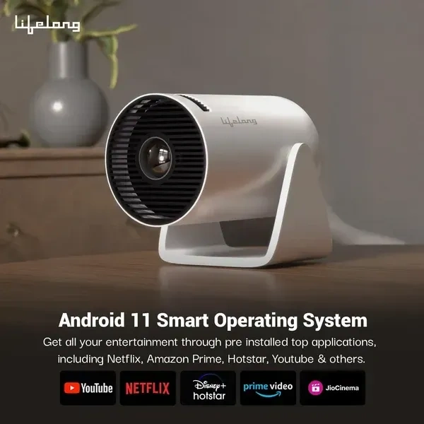Lightbeam Smart Projector for Home 4K Support, Native 720p HD Resolution, 2500 Lumen, Rotabable Design, Speaker, Android 11 with Built-in Apps (Netflix, Prime, Youtube) WiFi, 100''Max Display