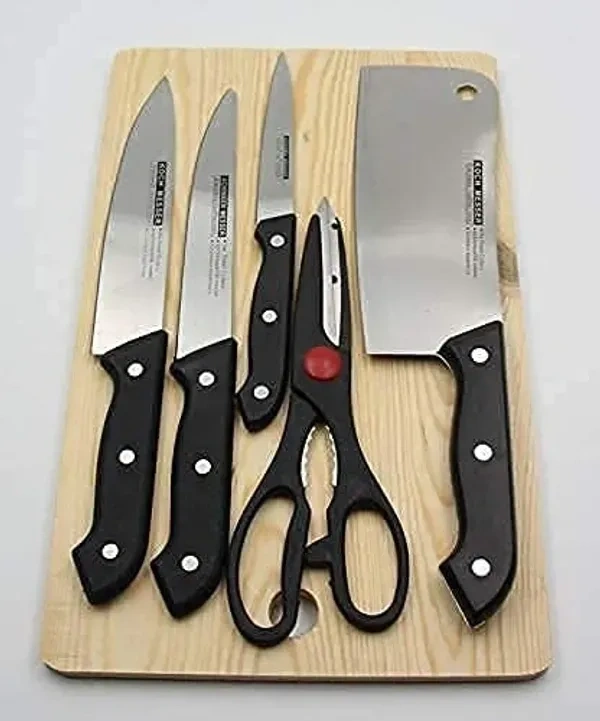 Concepta Wooden Chopping Board with Knife Set and Scissor, 6 Piece Stainless Steel Kitchen Knife Knives Set with Knife Scissor, Knife Sets (Wooden Brown Color)