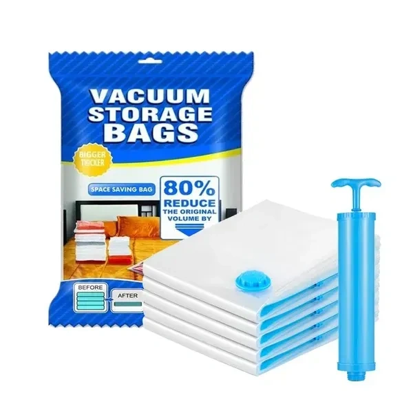 PACQUITA 5 Pcs Vacuum Bags for Travel with Hand Pump,Airtight,Reusable Space Saver Storage Bags for Packing,Sealer Bags with Ziplock for Cloths,Blanket(2 Small, 2 Medium & 1 Large)
