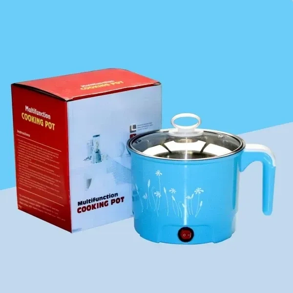 Electric 1.8 Litre Mini Cooker Kettle With Glass Lid Base Concealed Base Cooking Pot Noodle Maker Egg Boiler Hot Pot Vegetable and Pasta & Rice PorridgeTravel Cookers And Steamer (Blue)