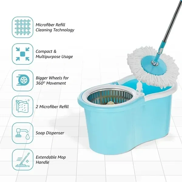 Steel Mop Bucket WITH BOX Spin Mop with Wheels and Stainless Steel Wringer, Bucket Floor Cleaning and Mopping System,2 Microfiber Refills