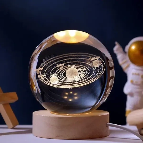 HOLMI Crystal Ball Lamp for Home Decoration I 3D Solar System I Crystal Ball Night Light I Star Light Ball I Universe Ocean Light Lamp with USB Powered I Wooden Base Galaxy Glass Ball with LED Base