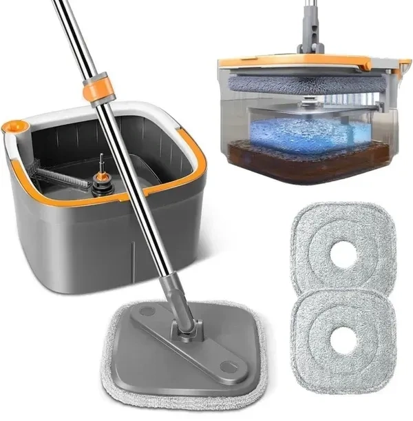 Spin Mop and Bucket Set with Self Separation Dirty and Clean Water System, Square Mop Bucket Self Wringing 360° Rotating Clean Floor Mop-Head for Hardwood Tile Marble Floors (Mop Set with 2pads)