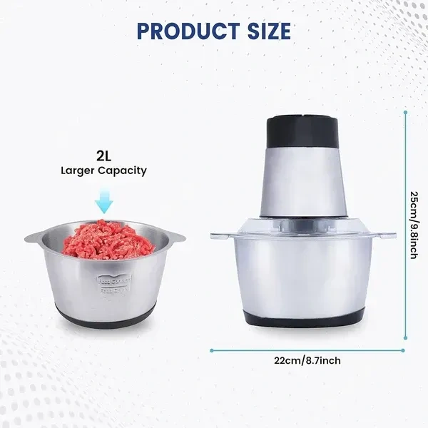 PRSVIKE Electric Chopper, Meat Grinders with Stainless Steel Bowl Heavy 700W Motor - 2 Speed Modes for Kitchen Food Processor, Meat, Vegetables, Onion, Mince (Electric, 2 Liter)