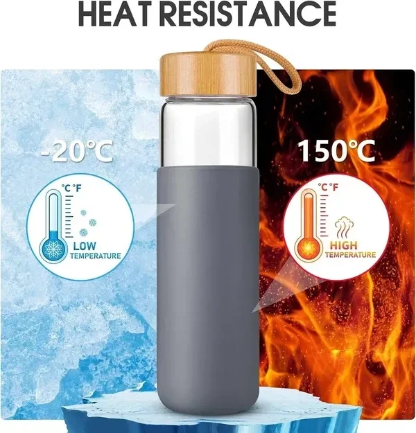 550 ML Borosilicate Glass Water Bottle with Bamboo Lid and Silicone Sleeve - BPA-Free